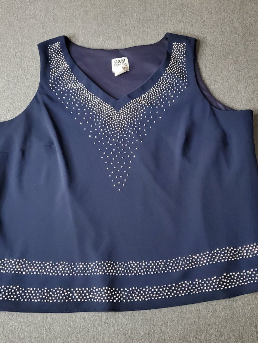 R&M Richards Women Navy Blue Embellished V-Neck Sleeveless Tank Top Size 22W